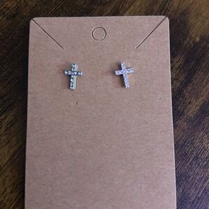Dainty Crystal Cross Stud Earrings - Silver Tone